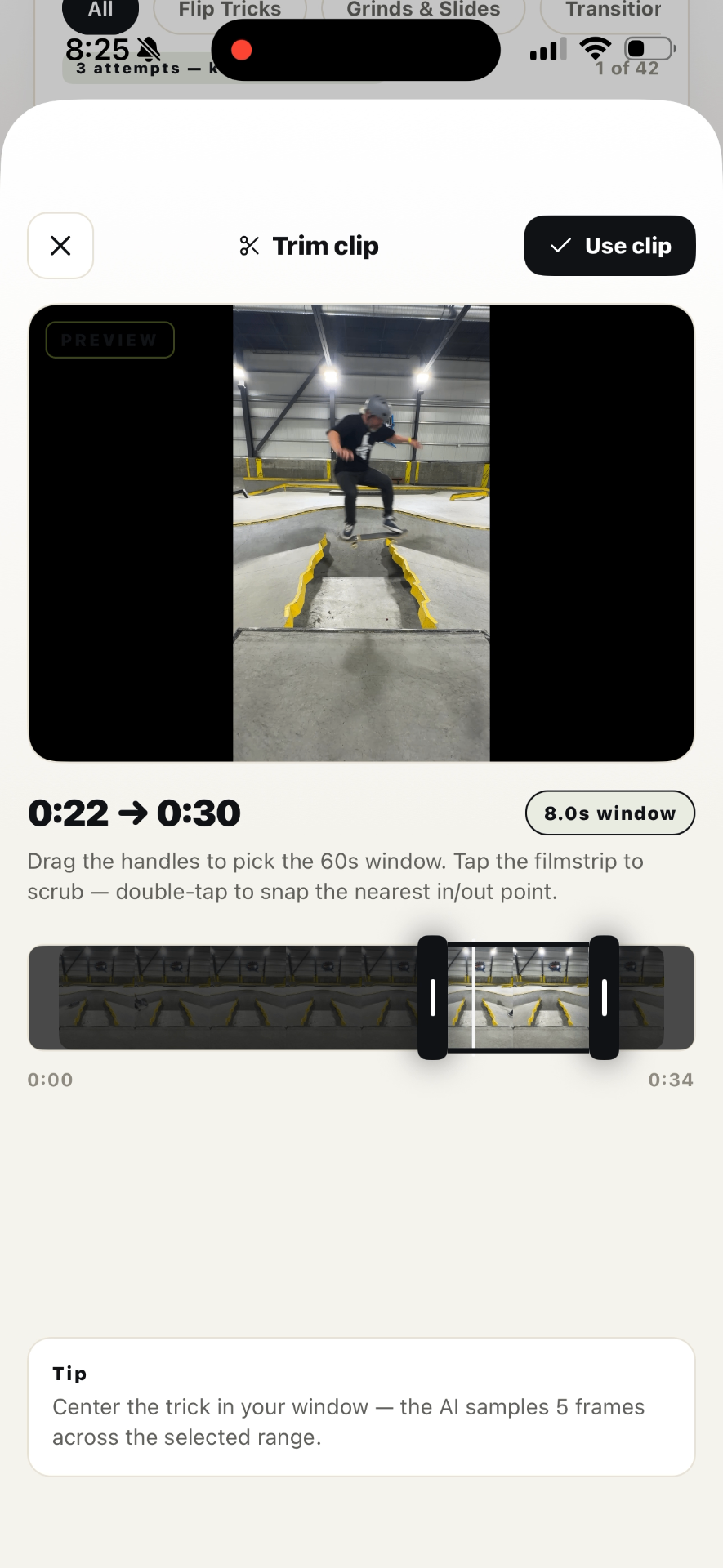 SkateAI trim clip screen
