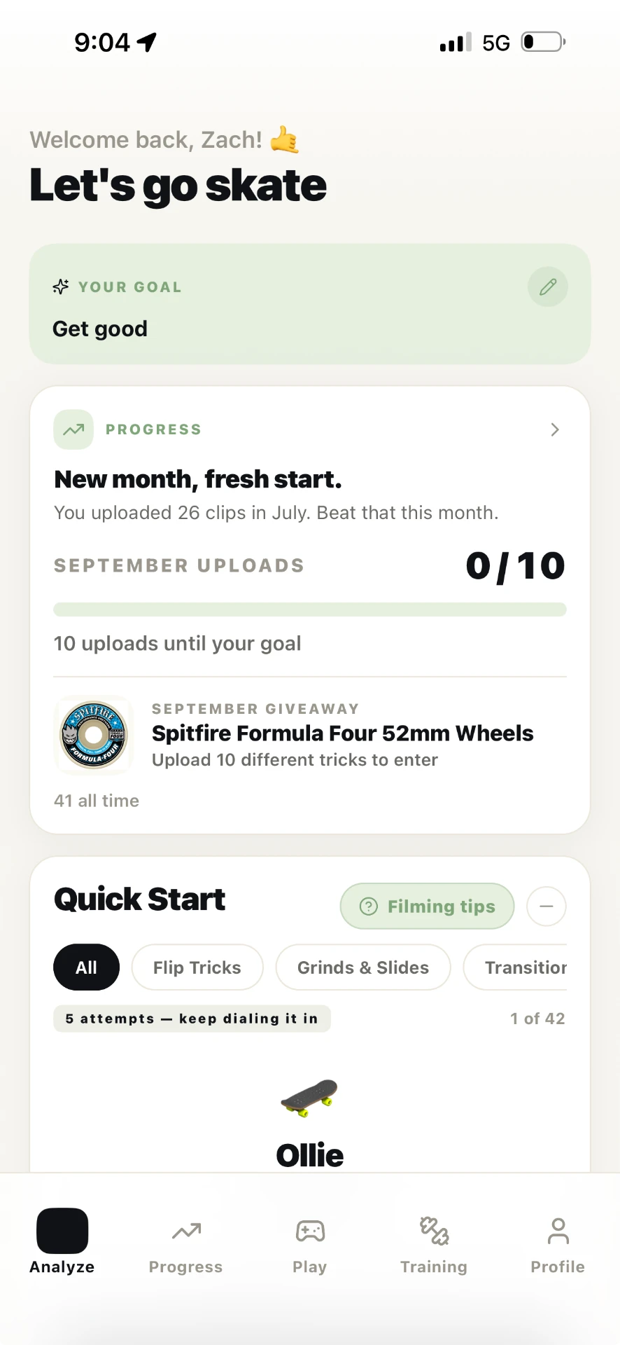SkateAI rewards dashboard showing the monthly product giveaway and clip upload progress