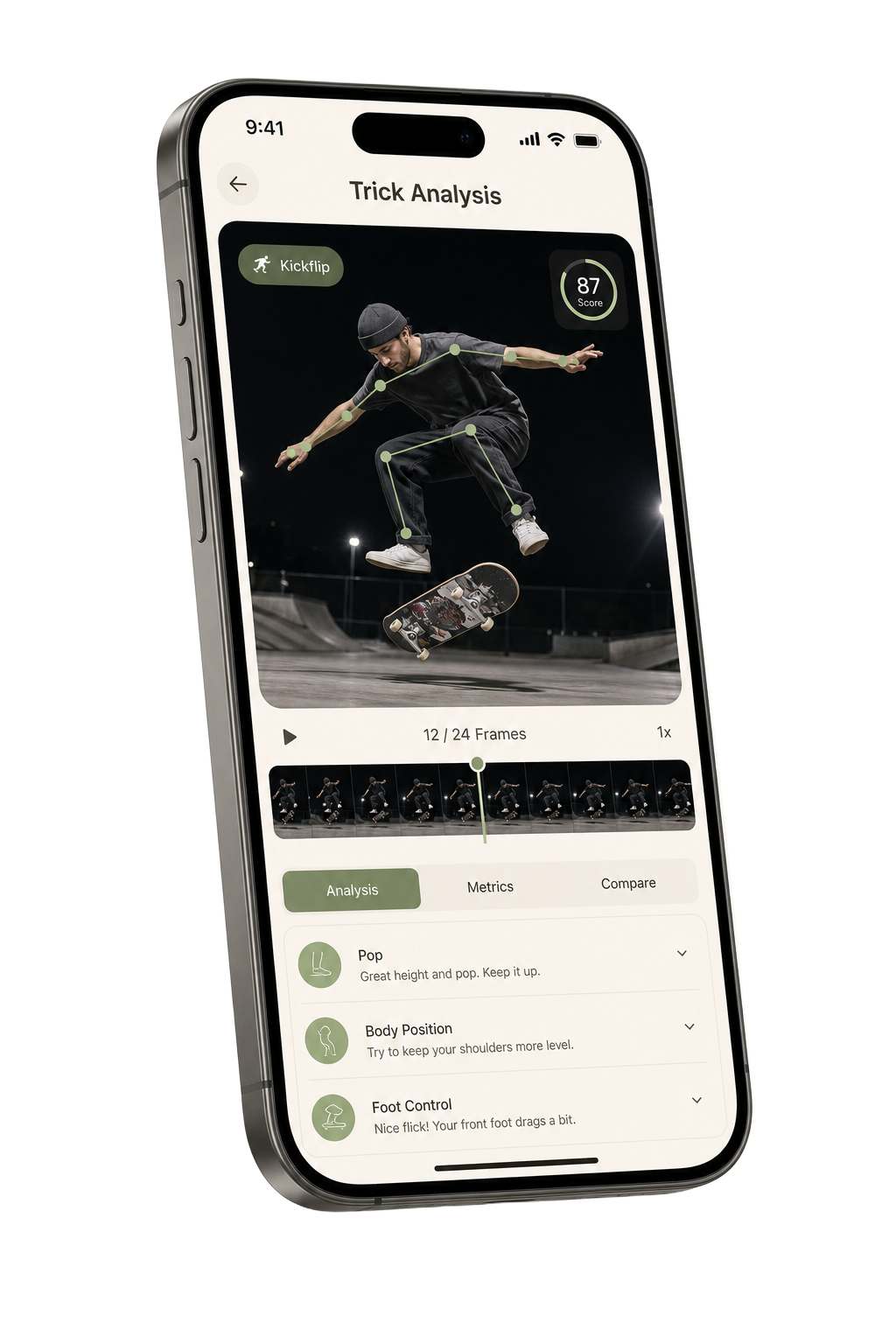 SkateAI app showing AI trick analysis with pose tracking